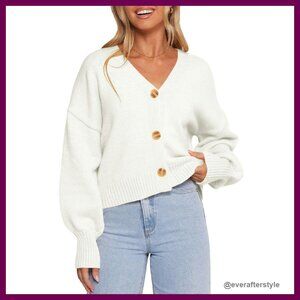 V-Neck Cropped Cardigan Puff Sleeve Button Up Lightweight Chic Fall Sweater